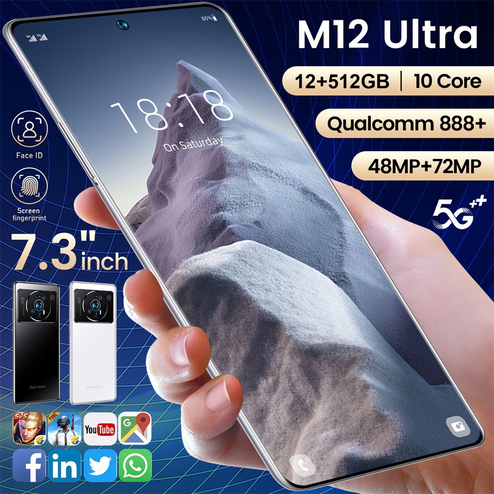 7.3 inch large screen online gaming video smartphone M12 12+512 large memory Android cross-border mobile phone for foreign trade